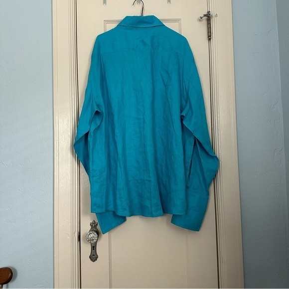 Wedding Tropics Shirt Linen Button Down Teal French Cuff Cobalt Blue Size 4X - Picture 3 of 10
